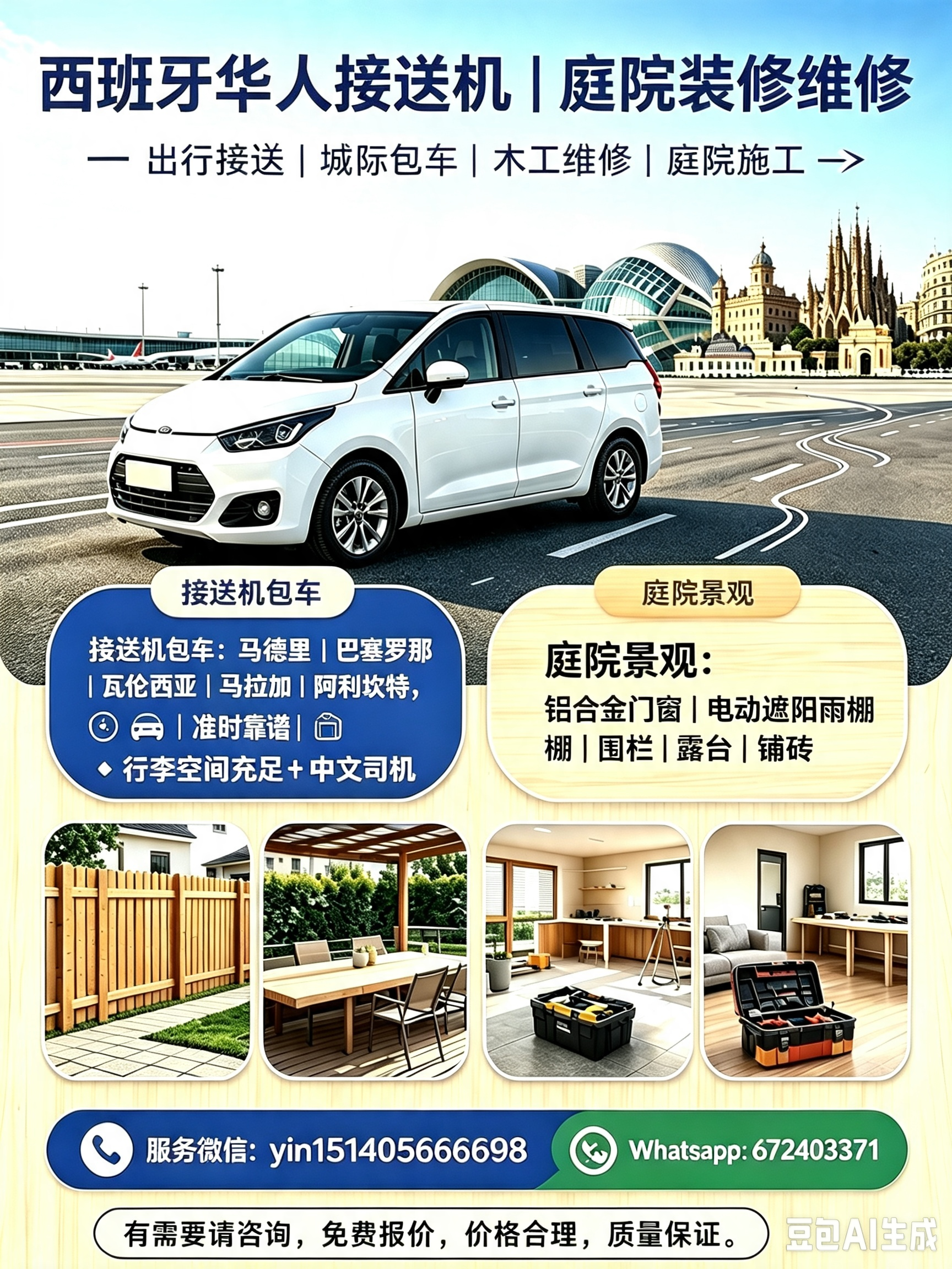  西班牙接送机用车服务，价格低，车的空间大。